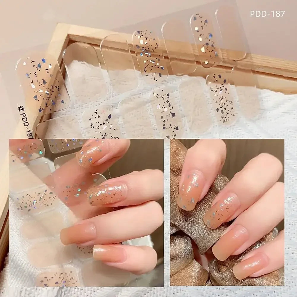 14Strips Gel Nail Stickers Full Cover Floristic Art Semi Cured Polish