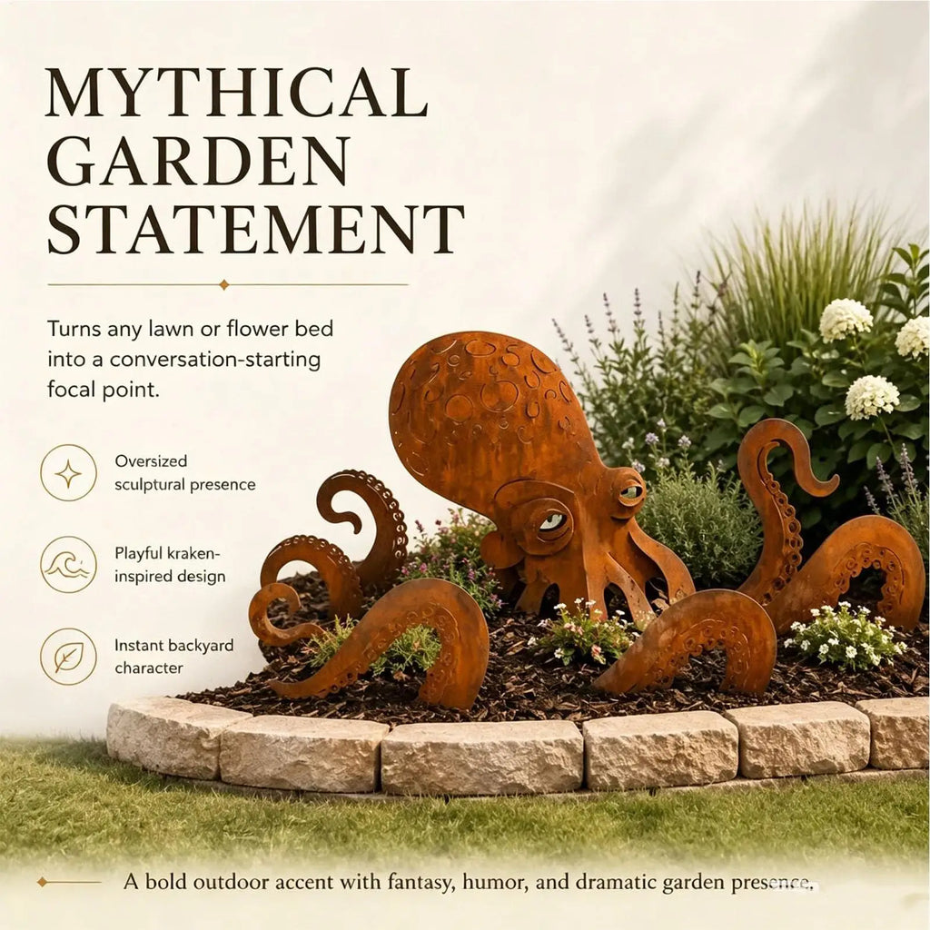 Octopus Statue Vintage Iron Squid Sculpture Figurine Coastal Art Rust Giant Octopus for Outdoor Lawn Pathway Park Backyard Patio Zpaxo