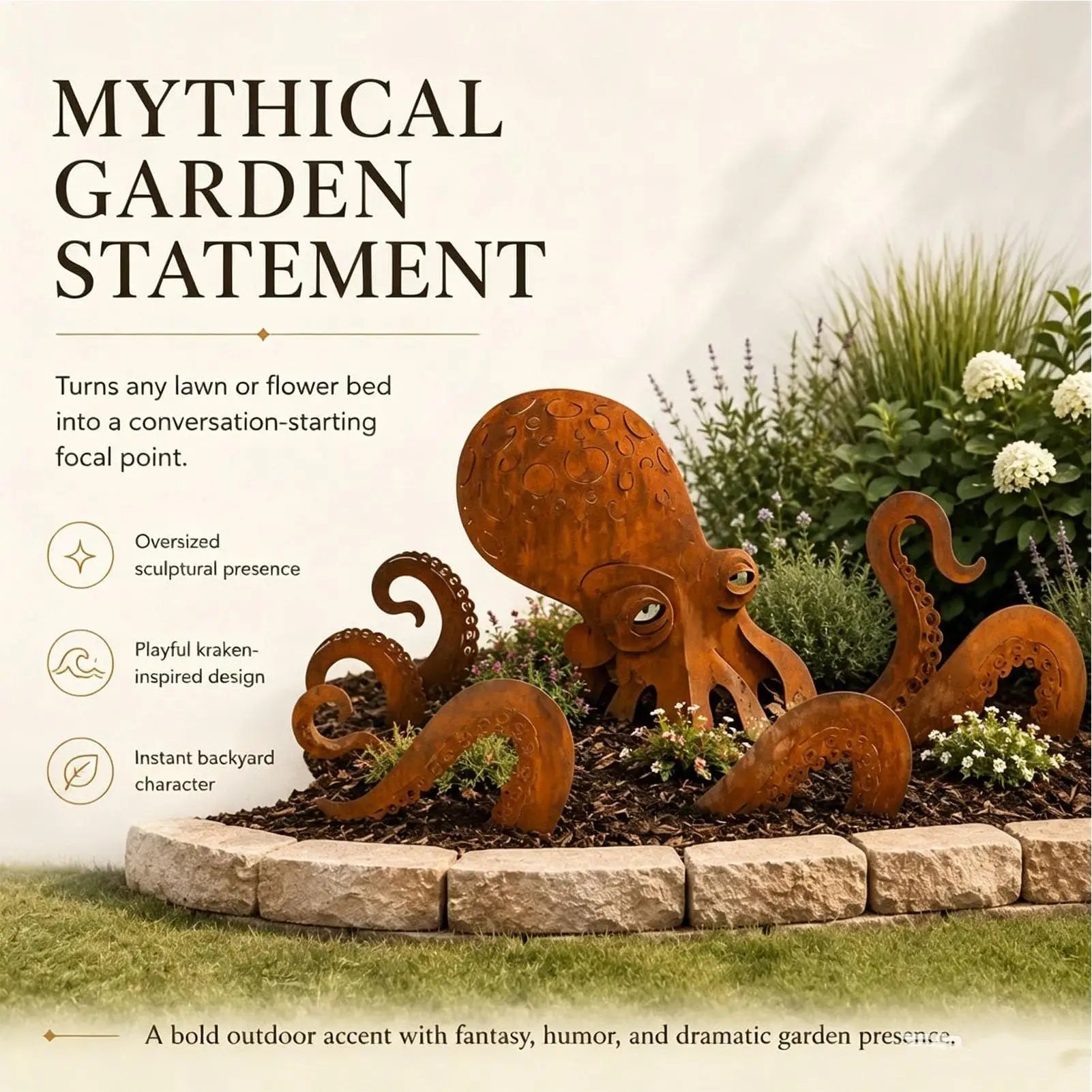 Octopus Statue Vintage Iron Squid Sculpture Figurine Coastal Art Rust Giant Octopus for Outdoor Lawn Pathway Park Backyard Patio Zpaxo