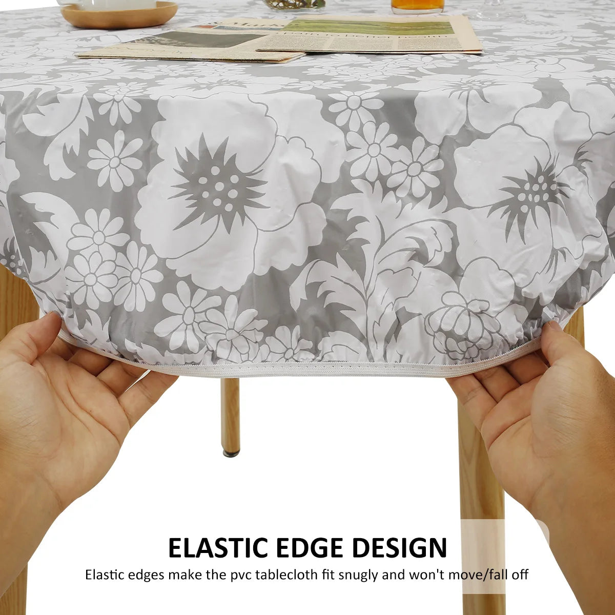 Waterproof Round Tablecloth Elastic Fixation Edged PVC Table Cover Flannel Backed Table Pad Oil-Proof for Dining Table Kitchen Zpaxo