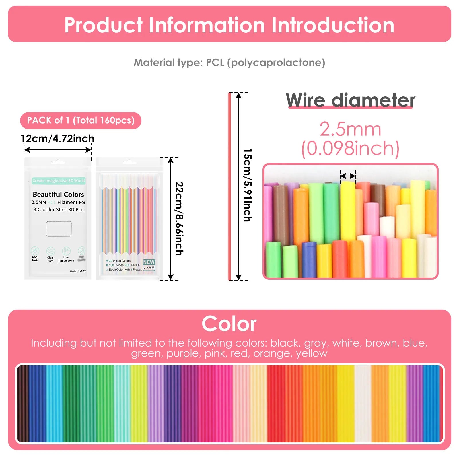 320/160 Strands 2.5mm 3D Doodler Refill 25/30/32Colors 3D Doodler Pen Refills Safe Low Temperature PCL For 3Doodler Start + Zpaxo