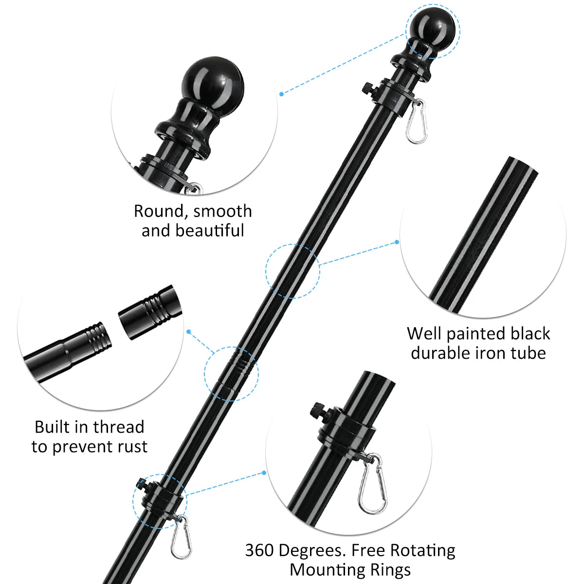 1.8M Telescopic Flag Pole with Tangle-free 360 Rotating Rings Stainless Steel Guide Banner Flag Pole Wall Mount for Garden Yards Zpaxo