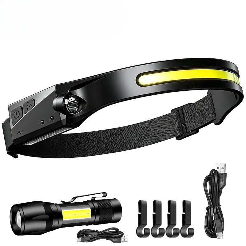 1 Headlamp USB Rechargeable LED Sensor Flashlight XPE+COB Torch Zpaxo Set C