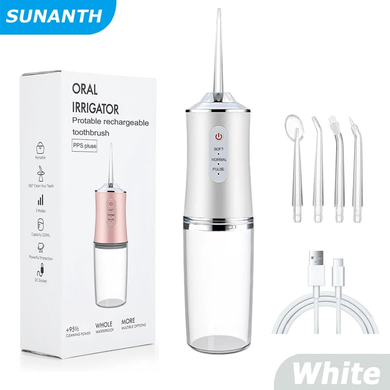 220ml Portable Water Flosser – 3 Modes, 4 Tips, Rechargeable Dental Water Flosser Zpaxo 059-White