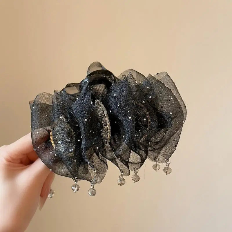 Modern Mesh Tulle Tassel Hair Claw Women Gleaming Zircon Beauty Zpaxo