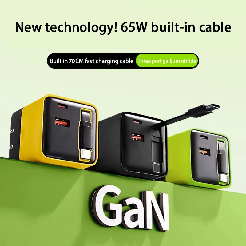 65W Gan Fast Charger USB-C Built-in Type-c Cable EU US Plug Iphone 15