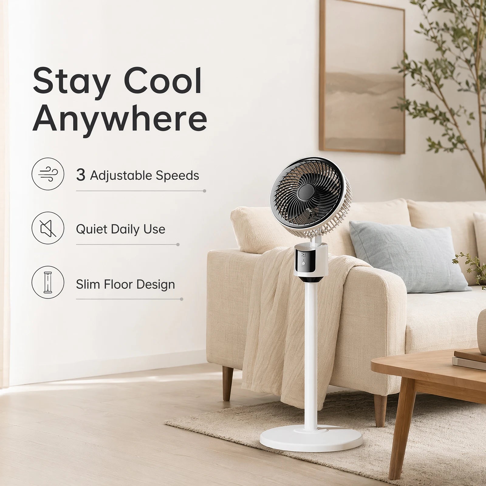 Modern Circulating Floor Fan 3-Speed Quiet Adjustable Multi-angle