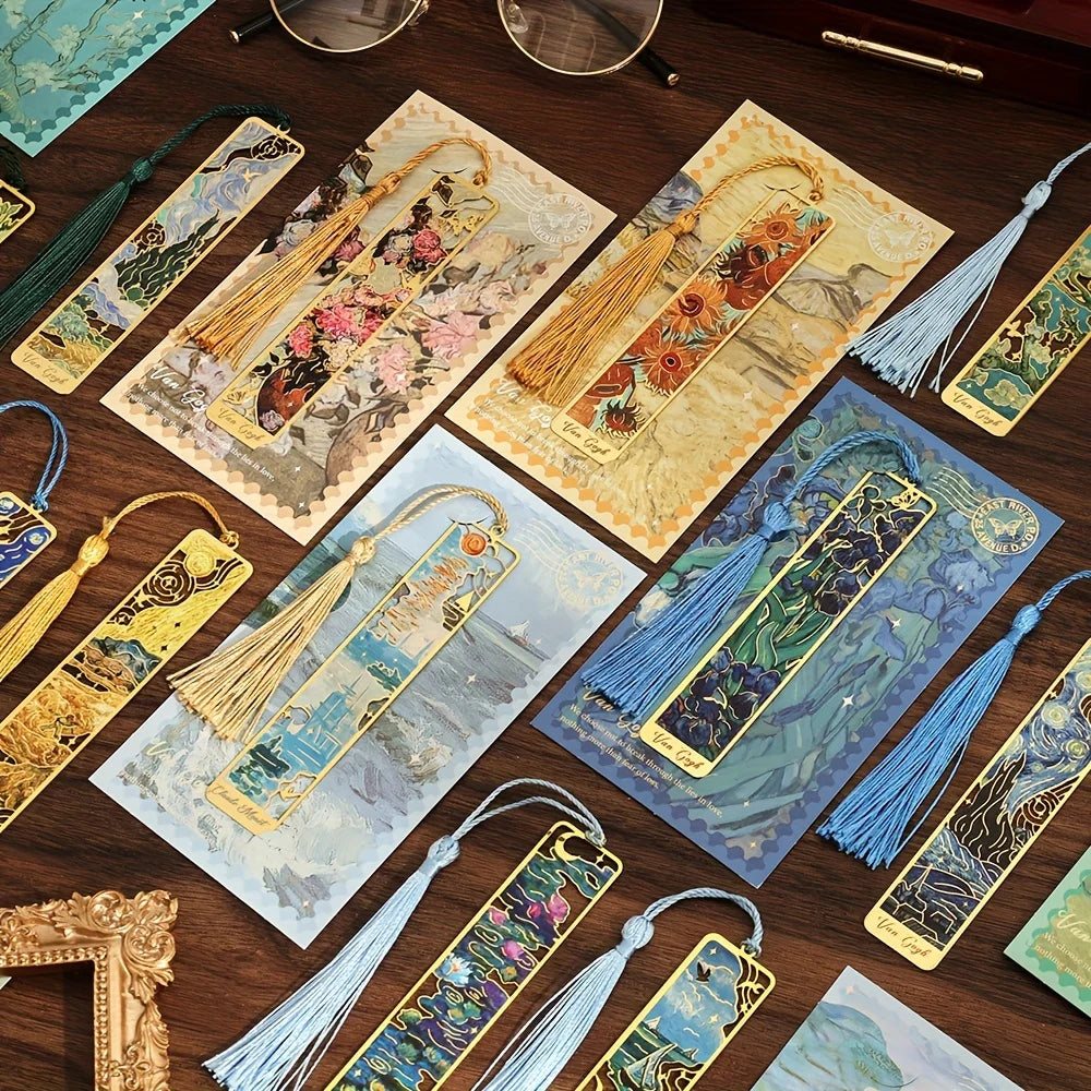 Vintage Oil Painting Metal Bookmarks Hollow Stamping Tassel Zpaxo
