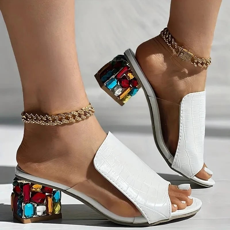 Women Crystal Sandals 2024 New Spring Summer Open Toe Sandals Square Heels Beach Fashion Sandals Women Sandalias De Mujer Zpaxo