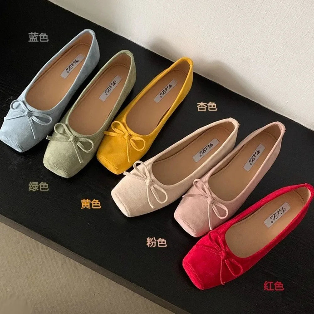 Woman Casual Square Head Bow Flats Flock Mocasines Ballerina Church