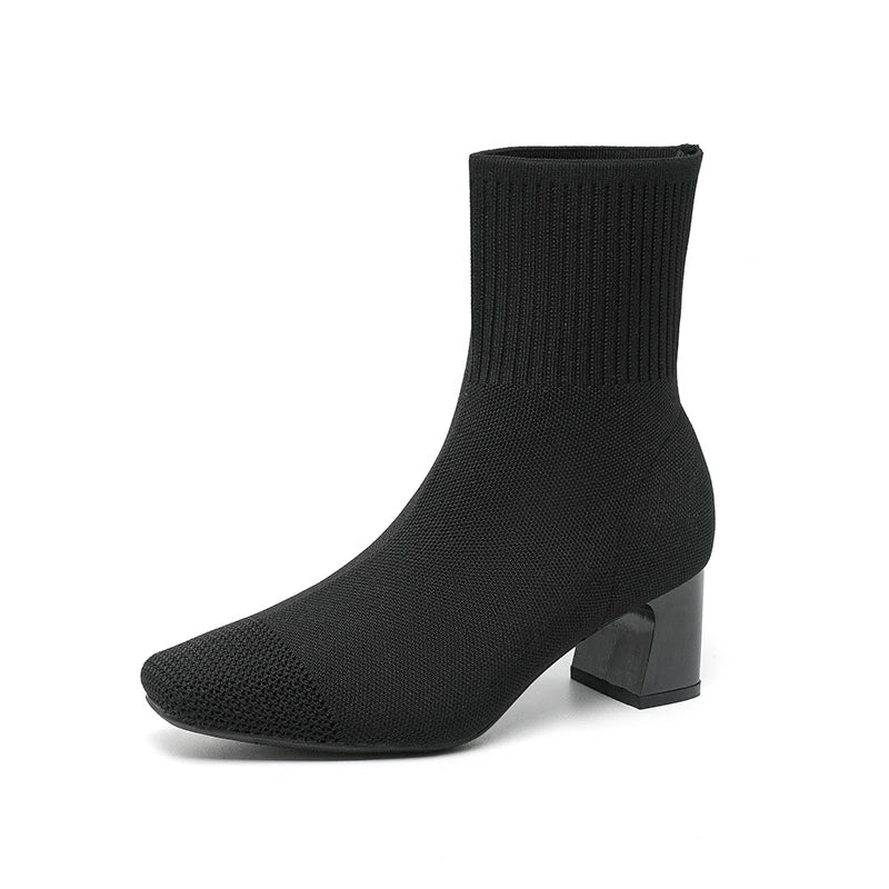 Black Square Toe Knit Sock Boots Elastic Slim Thick Block Heel Heels Zpaxo F550 Black 39 China Mainland