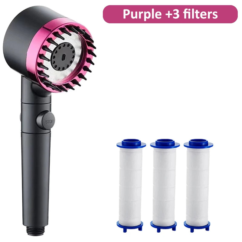 High-pressure Massage Shower Head 4 Modes Rain One-touch Stop Filter Zpaxo Purple and 3 Filter