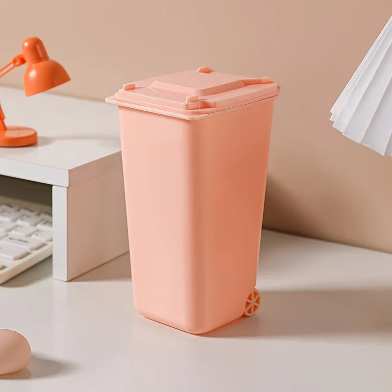 Mini Desktop Trash Can Wheels Lid Manual Lift Plastic Pen Holder