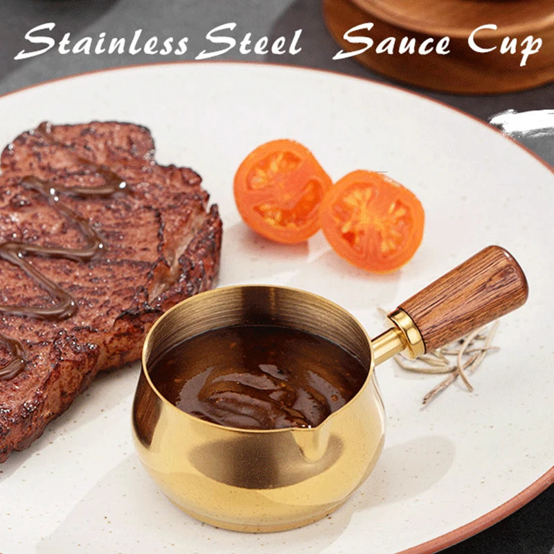 Stainless Steel Sauce Holder Gourmet Steak Dressing Cup Wooden Grip Zpaxo