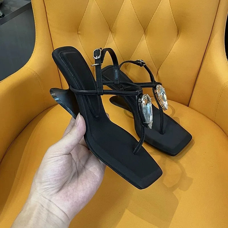 Luxury Crystal Clip Toe Wedges Sandals Women Square Narrow Strap Zpaxo black 37