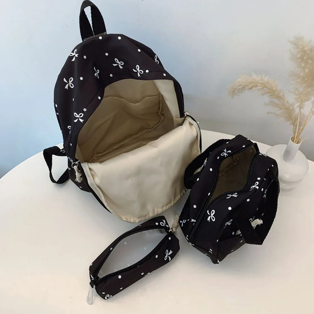 3Pcs/Set Kawaii Nylon Backpack with Handbag & Pencil Case All-Match School Bag Cute Bowknot Backpack School Outdoor Lunch Box Zpaxo