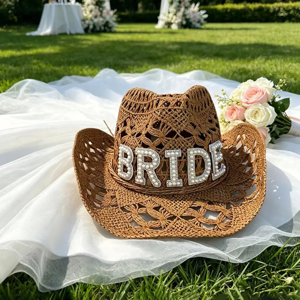 Fashion Rhinestone Letters Bride Wifey Cowboy Hat Crochet Breathable Cowgirl Hat Hollow Sun Hat For Wedding Bridal Party Zpaxo