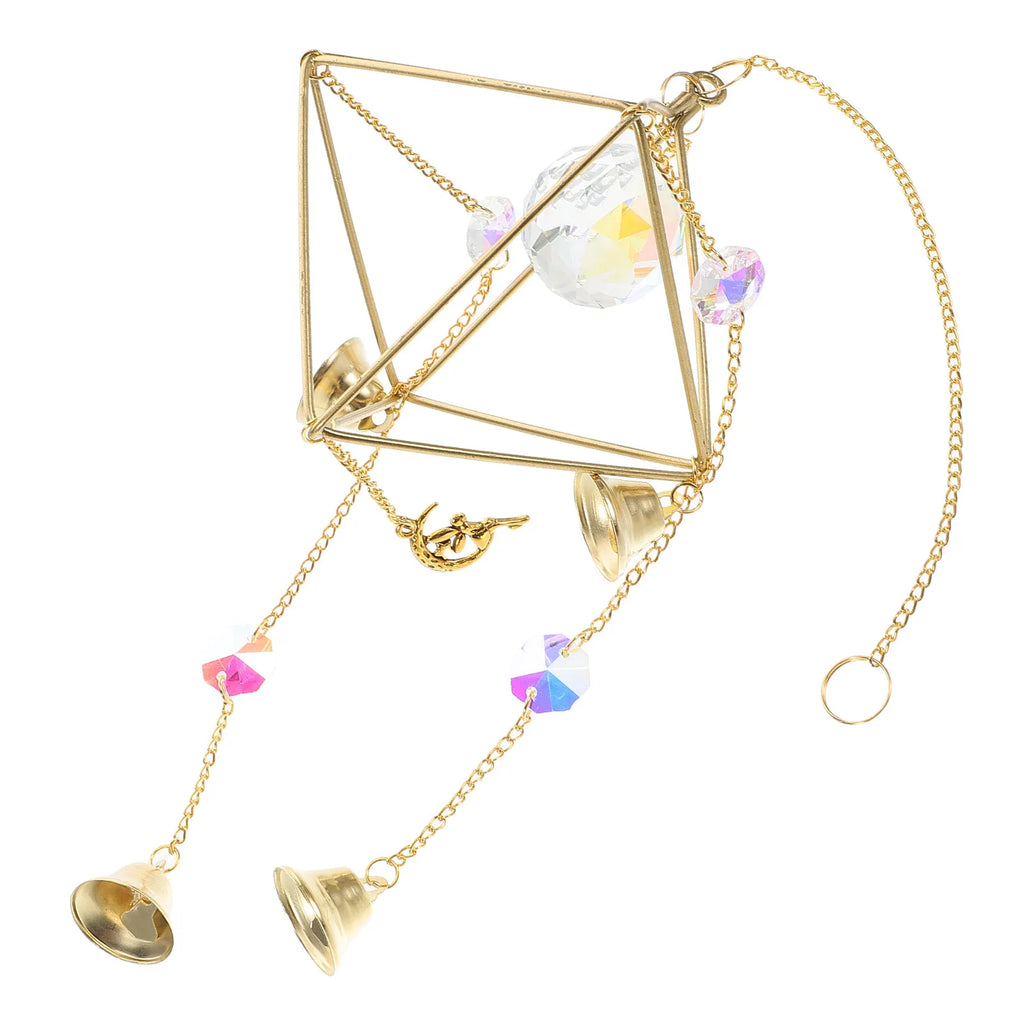 Golden Metal Bell Wind Chime Crystal Suncatcher Pendant Clear Melodic
