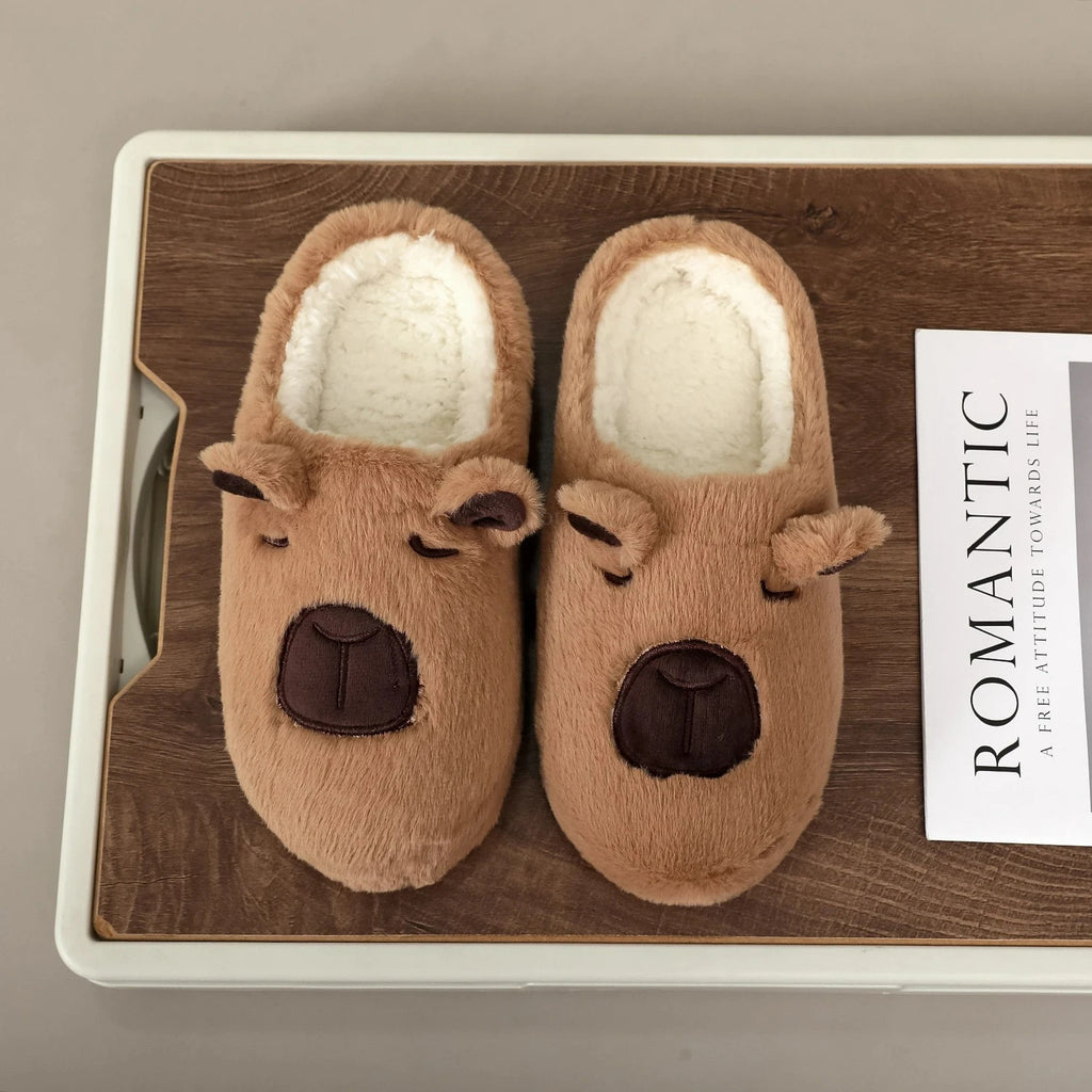 Pair Brown Plush Kapibara Animal Patterns Comfortable Furry Slippers