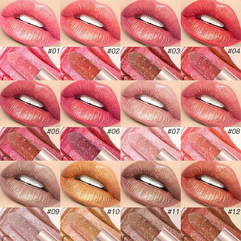 12 Colors Diamond Pearlescent Lipstick Glitter Shiny Metallic Lipstick Long Lasting Lip Tint Non-stick Cup Red Sexy Lips Makeup Zpaxo