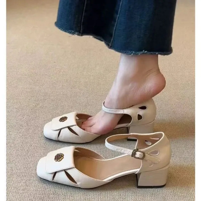 Hollow-out Baotou Sandals with One-word Buckle Belt Commuter Temperament Square-toe Thick Heeled Single-layer Shoes for Women Zpaxo WHITE 35