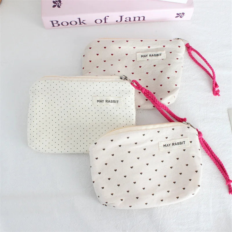 Korean Canvas Coin Purse – Polka Dot & Heart Mini Zipper Pouch Canvas Coin Purse Zpaxo