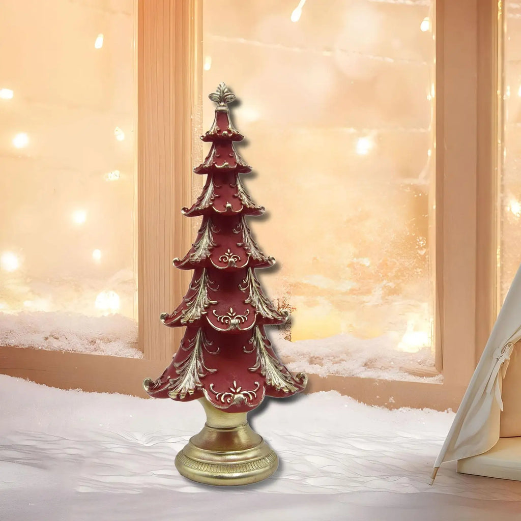 Resin Christmas Tree Figurine – Rustic Xmas Table Centerpiece Christmas Figurine Zpaxo Red