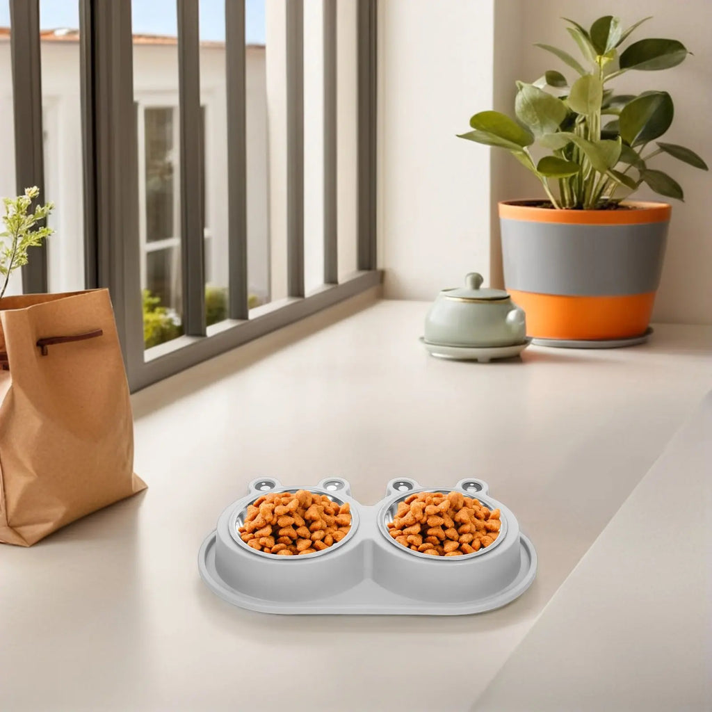 Double Pet Feeder Bowl Cats Dogs Moat Design Non-slip Base Stainless