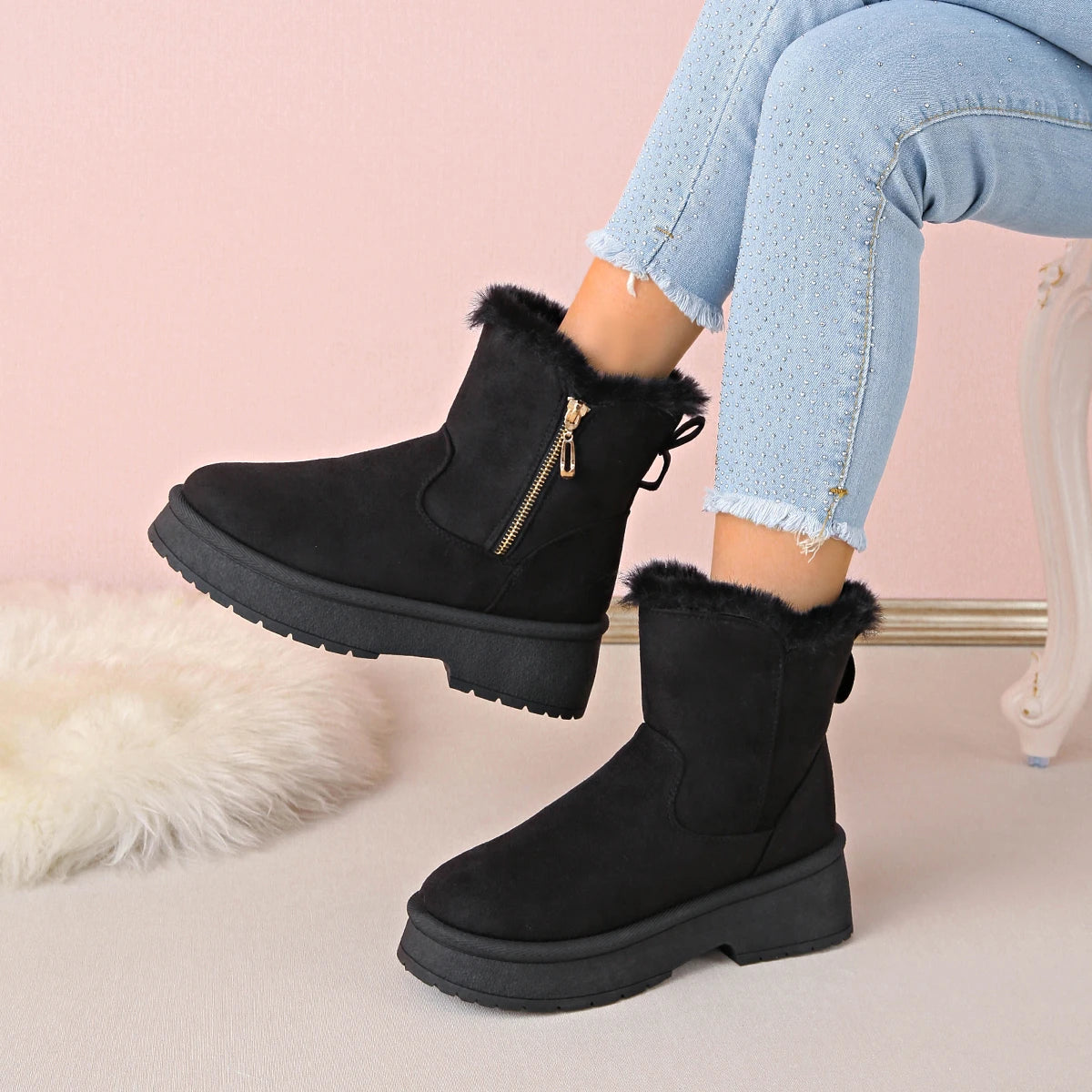 2025 New Women Thick Plush Snow Boots Outdoor Non-slip Boots Woman Keep Warm Cotton Shoes Comfortable Platform Ankle Booties Zpaxo black 37