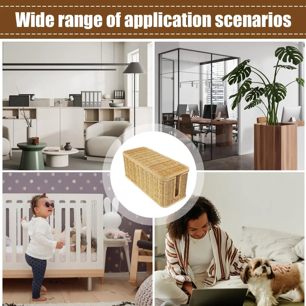 Cable Management Box Handwoven Imitation Rattan Cord Hider Organizer