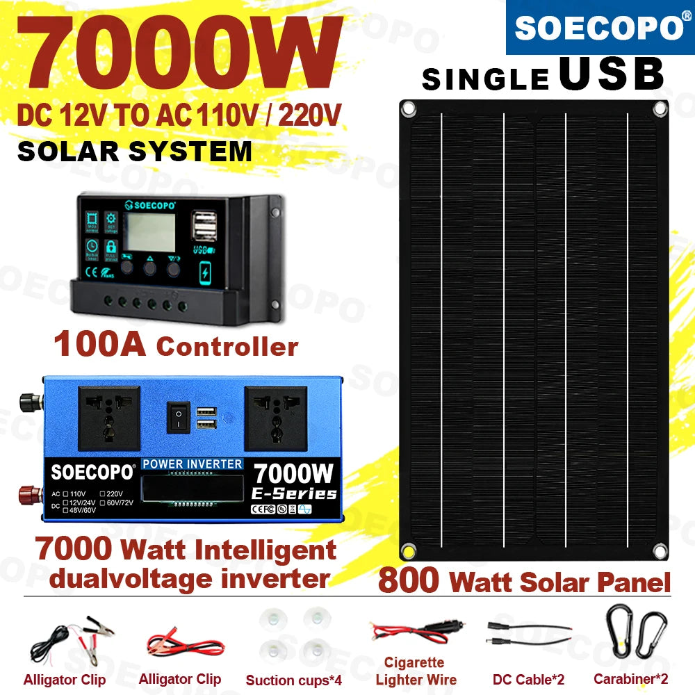 7000W Solar Energy Kit SOECOPO 800W Panel 100A Controller Dual Voltage 12V/24V to 110V220V for Power Outage Backup CE FCC Zpaxo