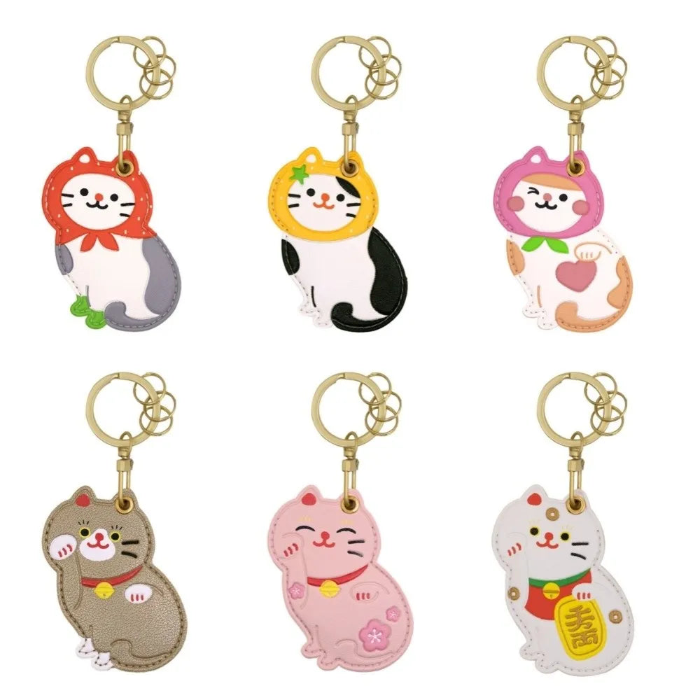 Lovely Fruit Kitty Access Card Holder Leather Maneki-neko Fortune Cat Pendant Keyring Orange Strawberry Zpaxo