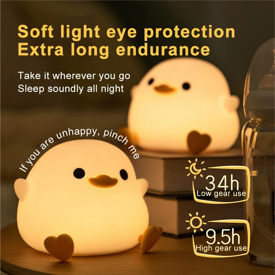 Duck Silicone Night Light for Children with Timer Usb Rechargeable Dimming Touch Lamp Sleeping Bedroom Cartoon Animal Decor Gift Zpaxo