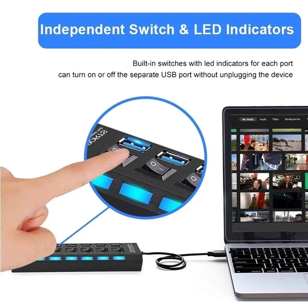 USB 2 0 Hub 7 Port Multi Ports 7in1 Data Splitter Independent Off Zpaxo