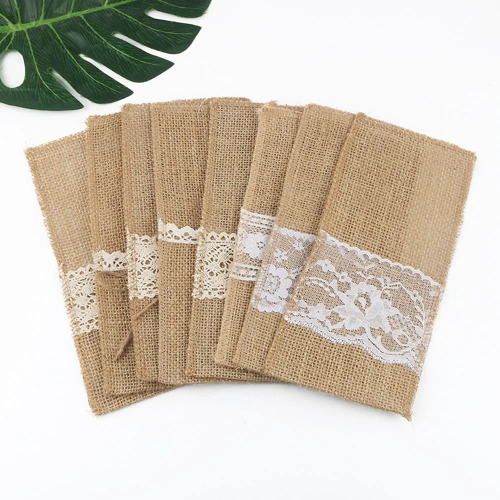 Burlap Lace Cutlery Pouch Supplies Holder Bag Hessian Rustic Jute