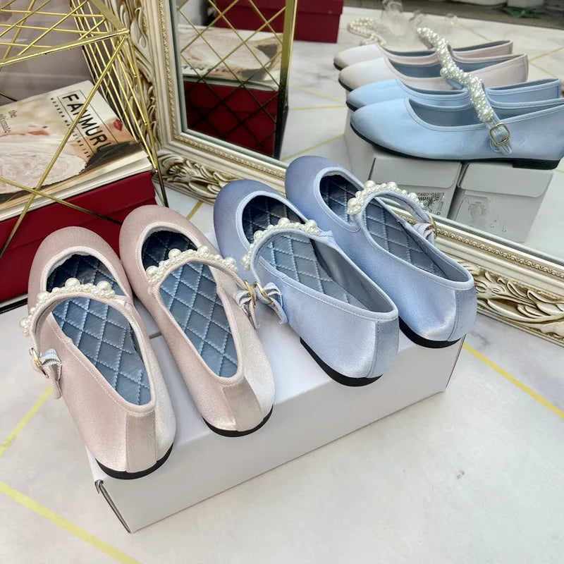 Flat Shoes for Women New Pearl Silk Satin Face Mary Jane Flat Bottom Round Toe Shallow Mouth Breathable Casual Single Shoe Girl Zpaxo