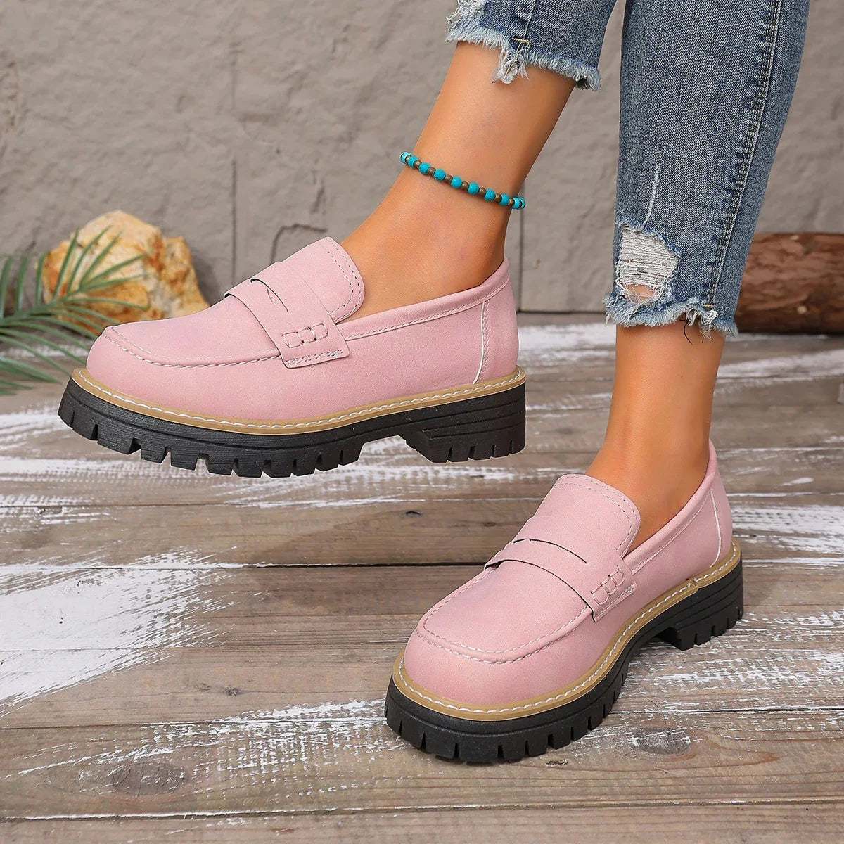 Women Outdoor Platform Loafers Thick Heel Slip on Shoes Spring Autumn British Style Shoes Woman Comfortable Flats Sneakers Women Zpaxo Pink 38
