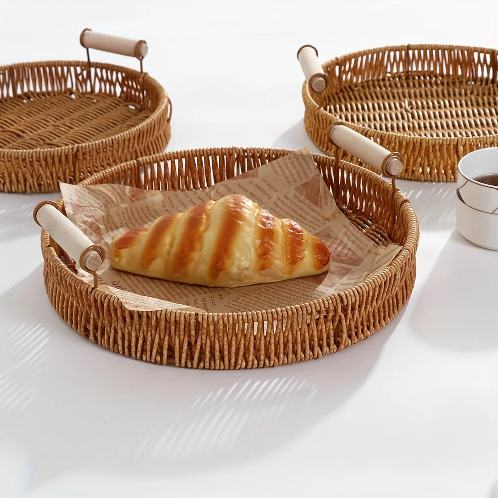 1 Round Handmade Woven Plastic Rattan Storage Basket Wooden Handle