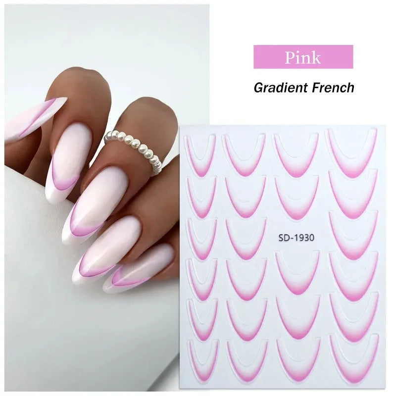 French Gradient Line Nail Art Stickers 3D Self-Adhesive White+Black Slider Design Nail Tip Stencil Manicure Guide DIY Nail Decor Zpaxo 08 Pink