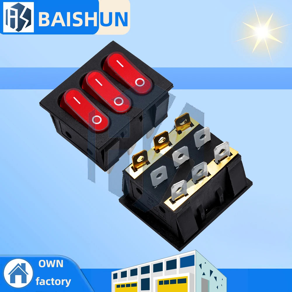9 Pin KCD3-303 Triple Red Lamp Rocker Switch 16A 250V AC Power Toggle Zpaxo Default Title