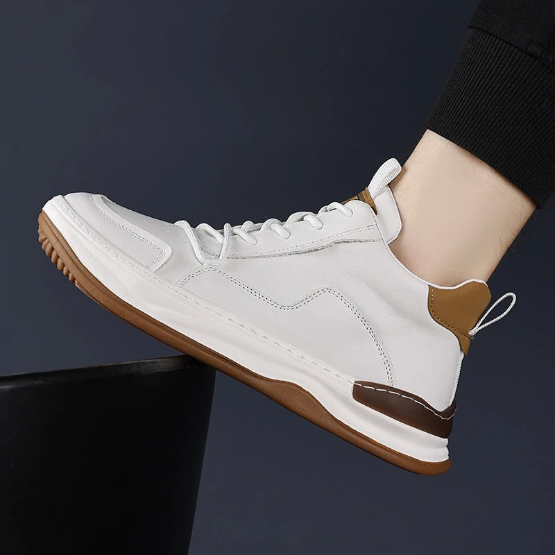 Mens Simple White Brown Leather Mid Sneakers Lace Up Casual Zpaxo