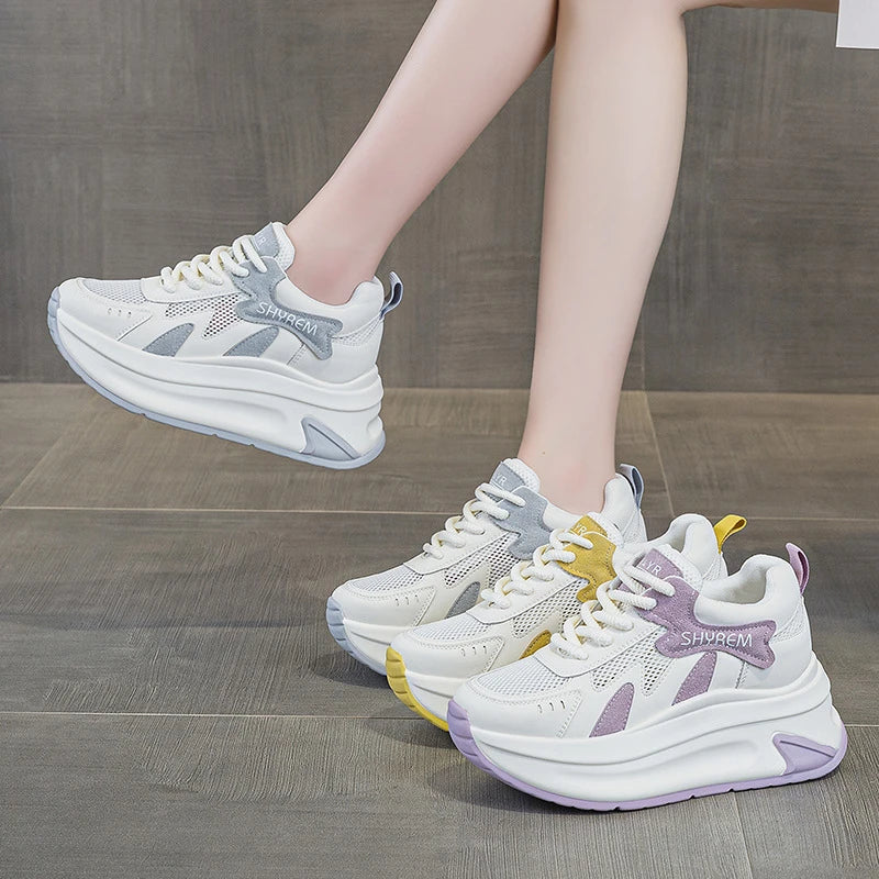 Womens White Mesh Sneakers Breathable Chunky Platform Height Zpaxo