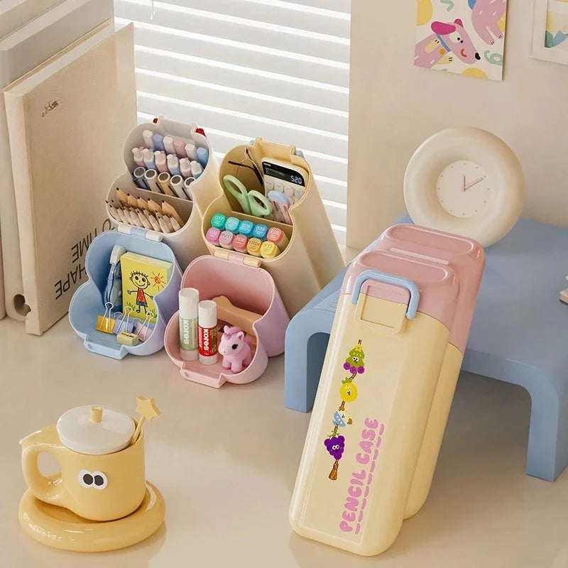 Cute Foldable Multi Compartment Pen Holder Plastic Desktop Storage