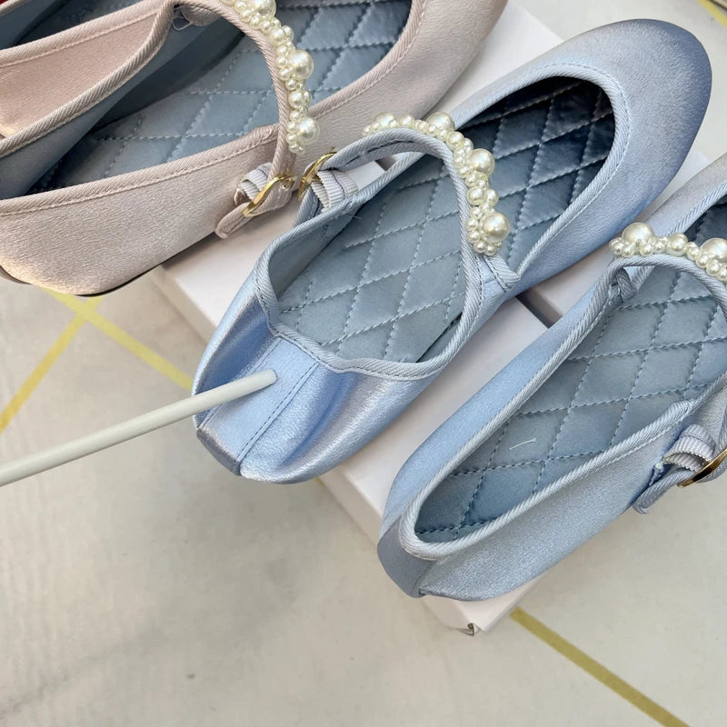 Flat Shoes for Women New Pearl Silk Satin Face Mary Jane Flat Bottom Round Toe Shallow Mouth Breathable Casual Single Shoe Girl Zpaxo