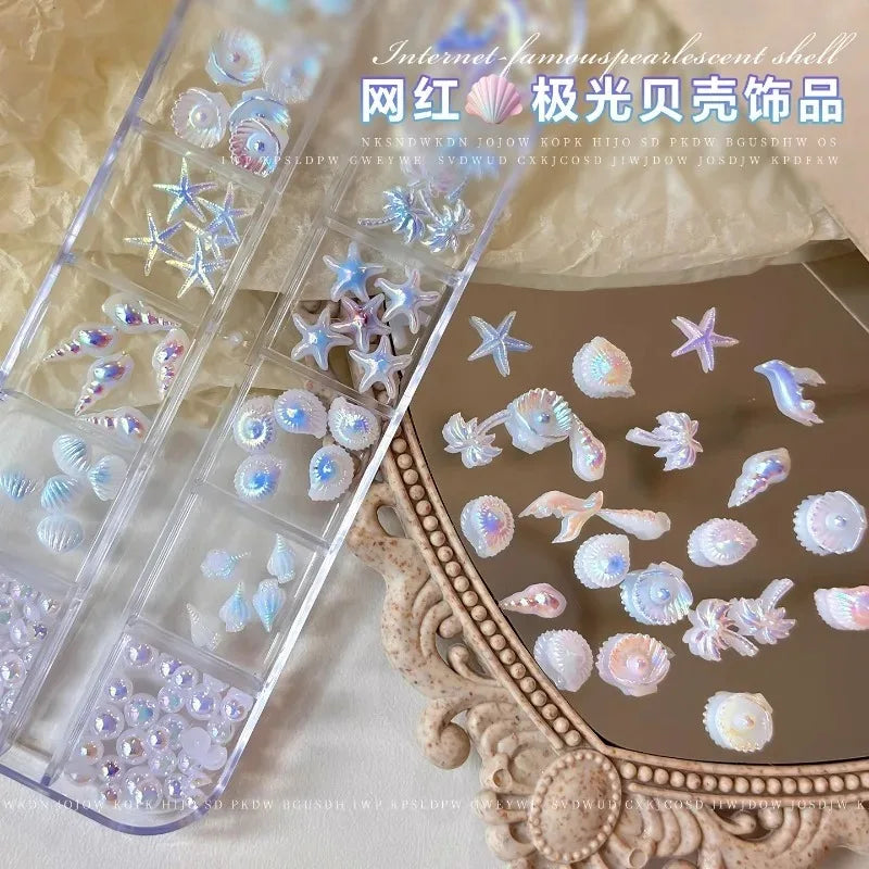 Mixed Summer Aurora Shell Nail Rhinestone Ocean Theme Starfish Coconut Tree Resin Nail Charm Decoration DIY Manicure Accessories Zpaxo
