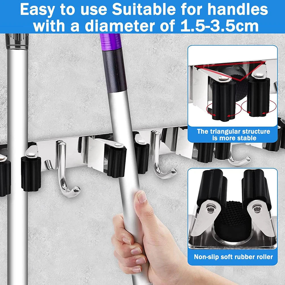 Stainless Steel Mop and Broom Holder Wall Mounted Multi-Functional Bathroom Kitchen Storage Rack Garage Garden Tools Organizer Zpaxo