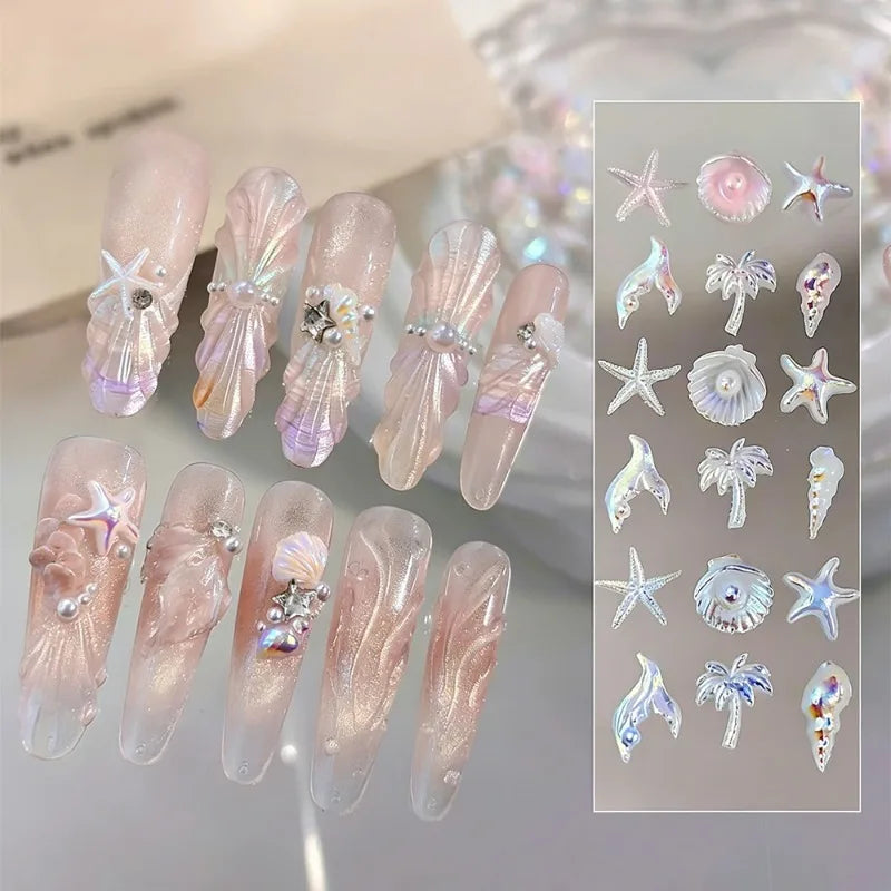 3D Ocean Nail Art Charms Aurora Shell Starfish Mermaid Tail Decors