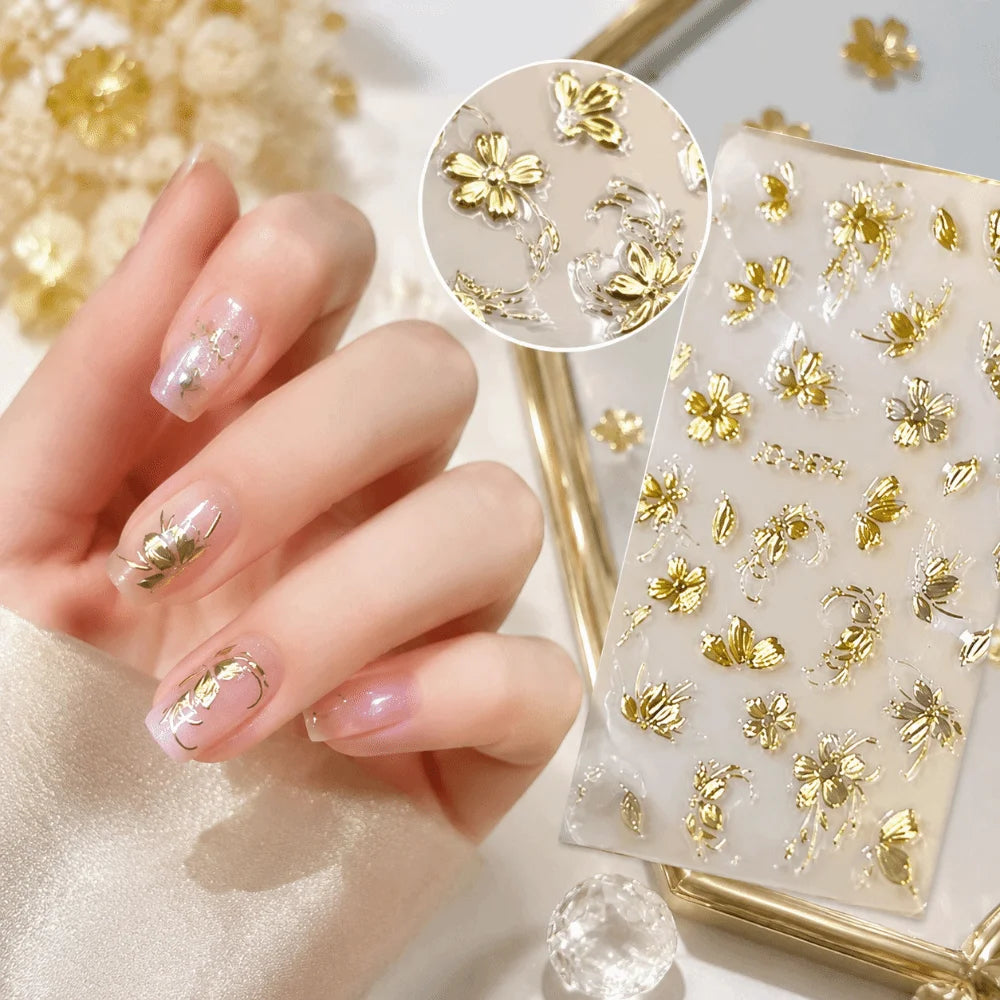 Gold Flower 3D Nail Sticker Adhesive Press on Nail Floral Relief Nail Sticker Lasting Flowers Nail Art Decal Nail Art Decoration Zpaxo