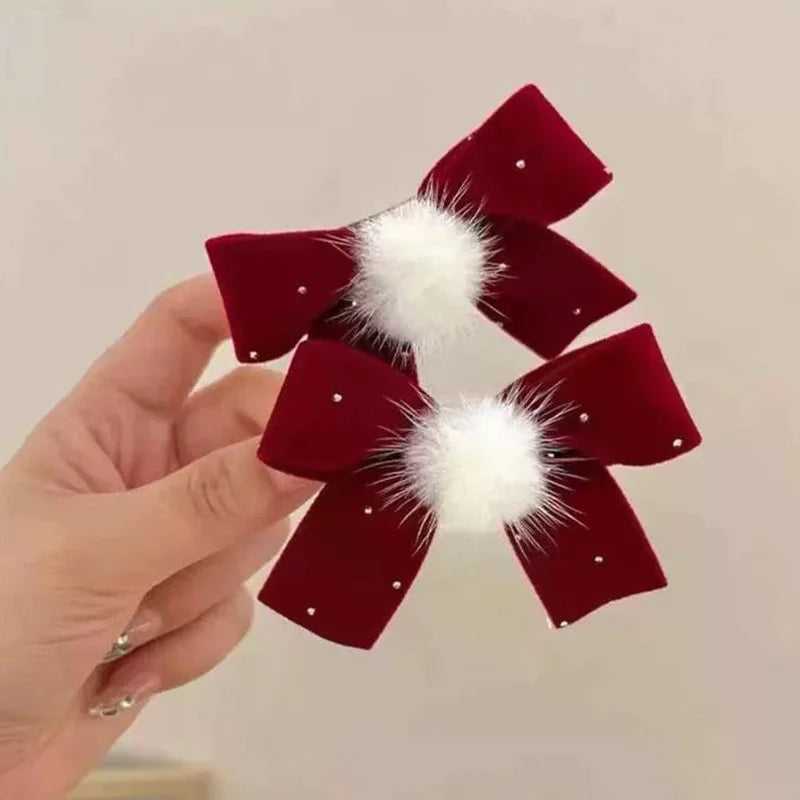 Red Velvet Bow Hair Pins Alloy Heart Clips Kids Girls Pompom Zpaxo