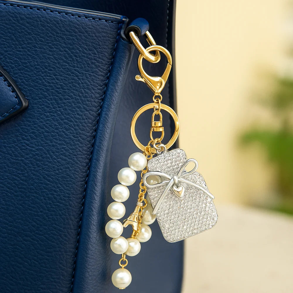 Charming Gift Bow Knot Shape Keychain Pearls Tassel Rhinestone Keyring Rhinestone Inlaid Cute Shape Shape Keyring Decor Zpaxo
